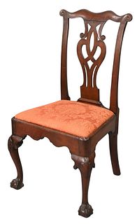 Chippendale Mahogany Side Chair, having scalloped top rail with intertwined back, over slip seat, all set on shell carved cabriole legs ending in ball