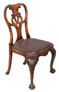 Walnut and Burl Walnut Chippendale Side Chair, having shaped seat on shell carved cabriole legs ending in ball and claw feet 