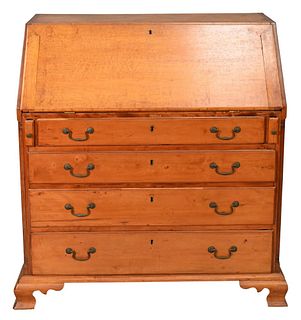 Chippendale Maple Slant Lid Desk, having fitted interior over four graduated drawers ending in ogee feet, height 42 inches, width 39 inches, depth 22 