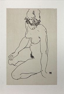 Egon Schiele (After) - Kneeling Female Nude Turning to