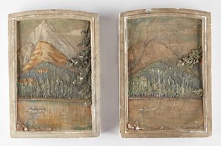 Pair of Plaster Reliefs of a Lake and Mountain