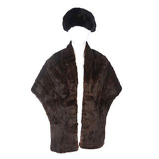 A black mink beret and a squirrel stole. The stole designed with a small collar and long front panel