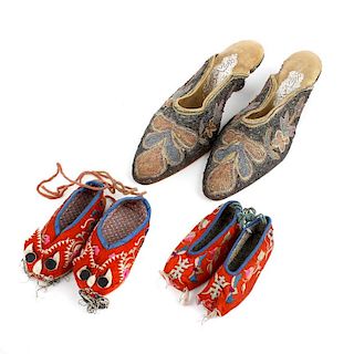 Two pair of mid 20th century handmade Chinese children's shoes and a pair of embroidered ladies shoe