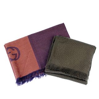 GUCCI - two gentlemen's scarves. To include a pink and purple striped jacquard wool silk blend scarf