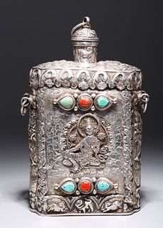 Antique Tibetan Silver Alloy Wrapped Flask