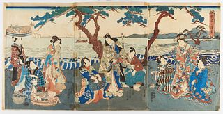 Utagawa Kunisada Ukiyo-e Triptych "Bay of Akashi"