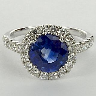 AIG Certified 2.67 Carat Natural Sapphire, .67 Carat Round Cut Diamond and 18 Karat White Gold Ring.