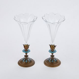 Pr: Crystal & Bronze Trumpet Vases