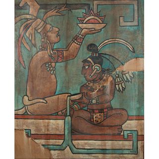 Large Mayan Style Canvas Art, Signed