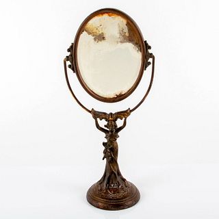 Vintage Art Nouveau Metal Vanity Mirror, Figural Lady
