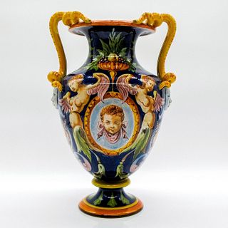 Ginori Italian Hand-Painted Ceramic Vase, Cherub