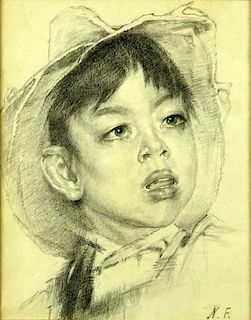 attrib: Nikolai Fechin, Russian (1881-1955)  Pencil drawing "Young Boy In Hat" Monogramed NF lower right.