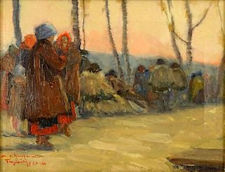 Early 20th Century Russian School Oil on Canvas "Villagers Walking"
