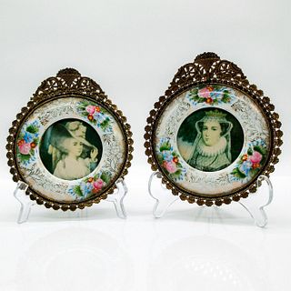 2pc Vintage Ornate Brass and Porcelain Photo Frame