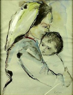 Jehuda Rodan, Israeli  (1916-1985) Watercolor "Mother and Child"
