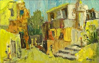Jehuda Rodan, Israeli  (1916-1985) Oil on masonite "Israeli Street Scene"