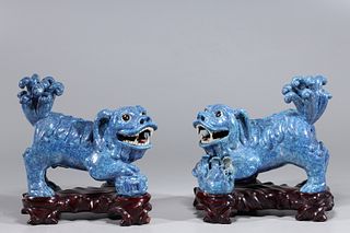 Pair of Antique Chinese Robins Egg Glazed Porcelain Foo Lions