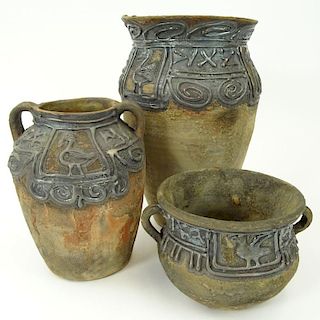 Lot of 3 Domar Israeli Studio Pottery Vessels with Applied Silver Decoration.