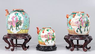 Group of Three Antique Chinese Famille Rose Enameled Porcelain Teapots