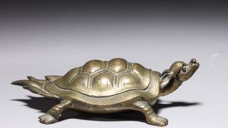 Chinese Bronze & Silver Inlay Turtle