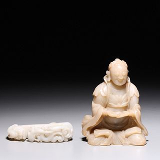 Chinese Carved Soapstone Belt Buckle & Buddha