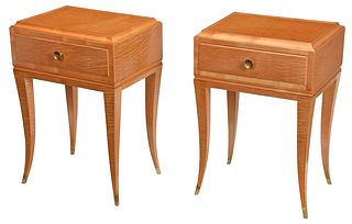 Pair Art Deco Lightwood Brass Mounted Bedside Tables
