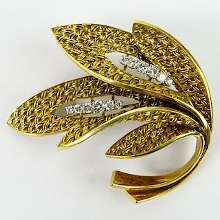 Vintage 18 Karat Yellow Gold and Round Cut Diamond Leaf Brooch.