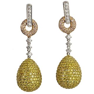 Pair of Diamond and 18 Karat Tri Color Gold Drop Earrings with Approx. 9.0 Carat Round Cut Yellow Diamond, .80 Carat Round Cut White Diamond and .50 C
