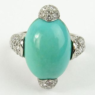 Lady's Fine Quality Round Cut Diamond, Turquoise and 18 Karat White Gold Ring.