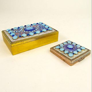 Limoges Style Enameled Box and Compact. Unsigned. Wear.