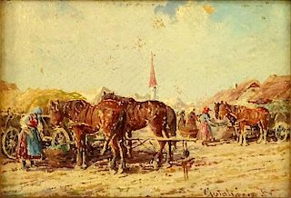 Early 20th Century Hungarian School Oil on Board "Harvest" Signed lower left.