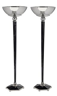 Pair of French Black Lacquered and Chromed Floor Lamps