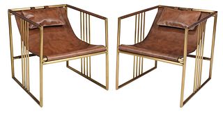 Pair Modern Brass and Leather Swing Chairs