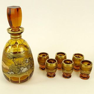 Vintage 7 Piece Bohemian Amber Glass Decanter Set, with hand painted romantic landscape motif.