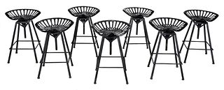 Set Seven Modern Black Painted Tractor Seat Barstools