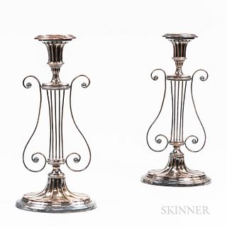 Pair of Lyre-form Silver-plated Candlesticks