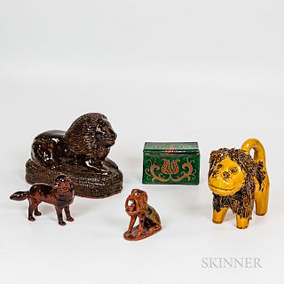 Four Pieces of Redware Animal Pottery and a Green Glazed Box