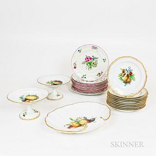 Group of Meissen Dessert Plates, a Serving Dish, Two Compotes, and a Group of Luneville Serving Plates