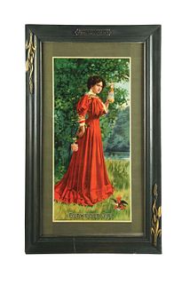 FRAMED PAPER LITHOGRAPH OF THE BUDWEISER GIRL COMPLETE WITH ORIGINAL ANHEUSER-BUSCH FRAME.