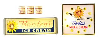 LOT OF 5: LIGHT-UP ICE CREAM SIGN, CLOCK AND CONTAINERS.