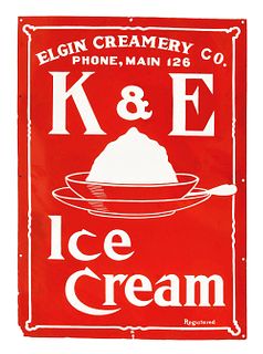 ELGIN CREAMERY CO. SINGLE-SIDED PORCELAIN K & E ICE CREAM SIGN.