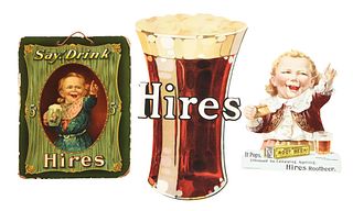LOT OF 3: HIRES ROOT BEER CELLULOID OVER CARDBOARD SIGN, DECAL AND TRADE CARD.