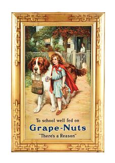 SELF FRAMED TIN LITHOGRAPH GRAPE-NUTS SIGN.