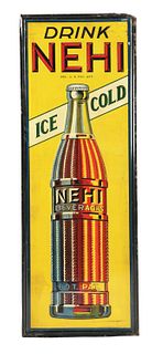 EXTREMELY RARE "DRINK NEHI" EMBOSSED TIN VERTICAL BOTTLE SIGN.