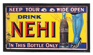 EXTREMELY RARE "DRINK NEHI" EMBOSSED TIN SIGN.
