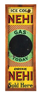RARE ICE COLD NEHI GAS TODAY EMBOSSED TIN SIGN W/ ADDED WOOD FRAME. 