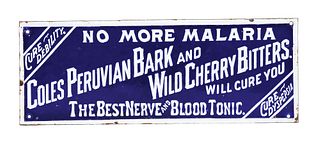 SINGLE-SIDED PORCELAIN COBALT COLES PERUVIAN BARK AND WILD CHERRY BITTERS SIGN. 
