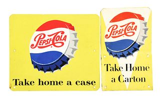 LOT OF 2: PAINTED METAL PEPSI-COLA RACK TOPPERS.