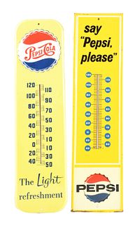 LOT OF 2: PAINTED TIN PEPSI-COLA THERMOMETERS. 