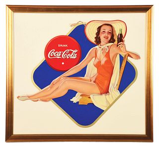 1940 COCA-COLA BATHING SUIT GIRL CARDBOARD CUTOUT SIGN.